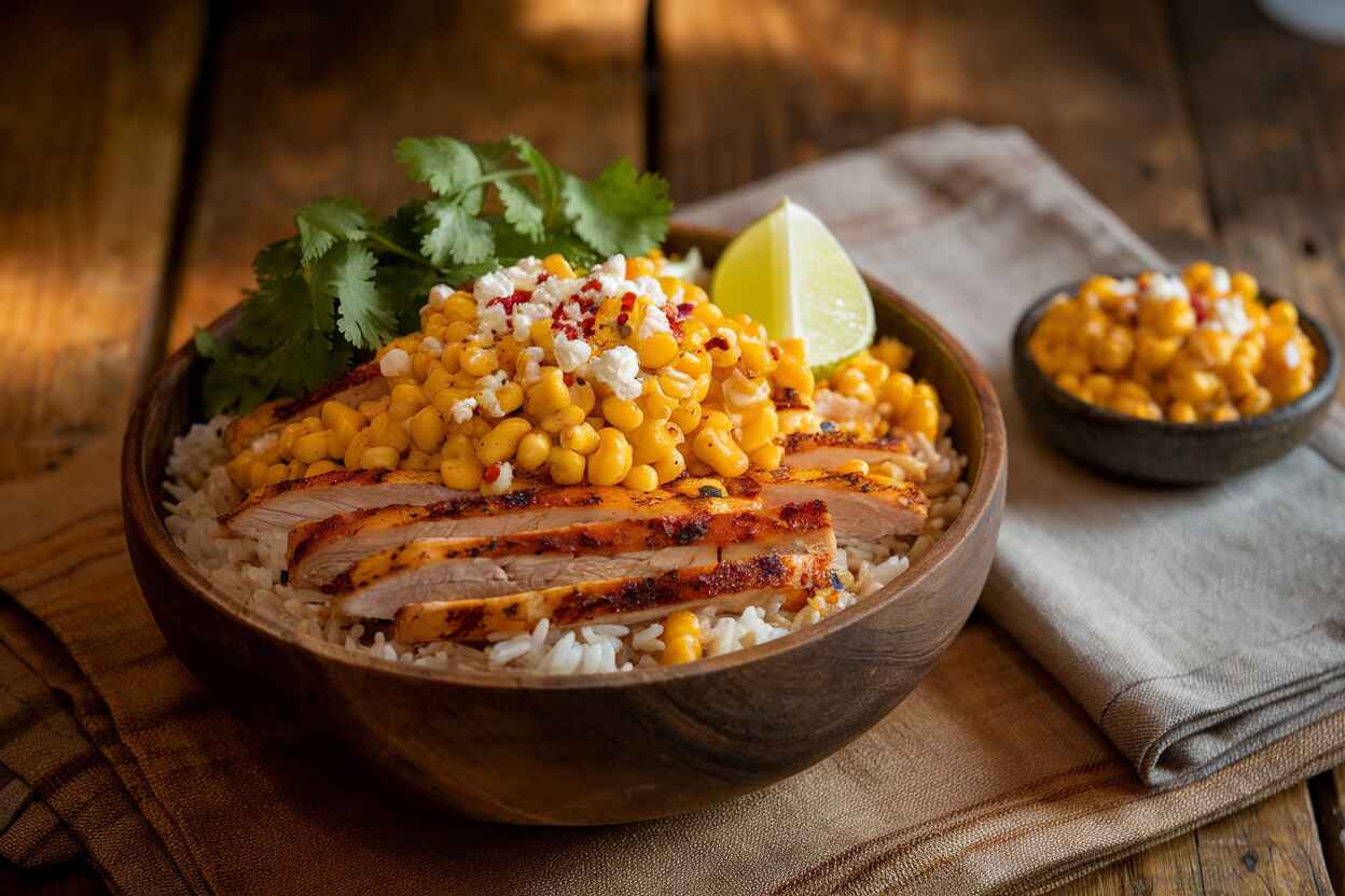 Wooden bowl with rice, chicken, corn topping, and fresh garnishes