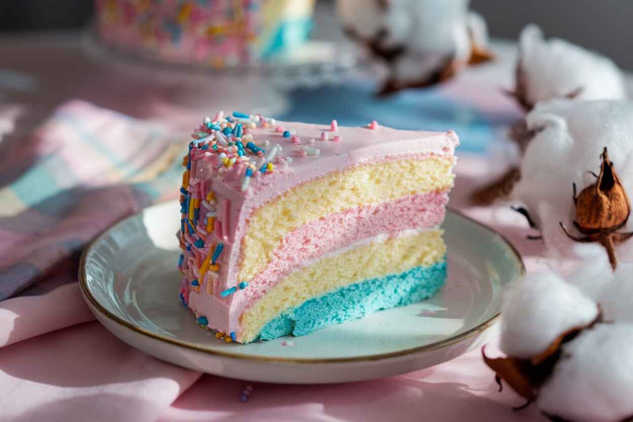 A slice of pastel-colored cotton candy cake with fluffy frosting on a white plate.