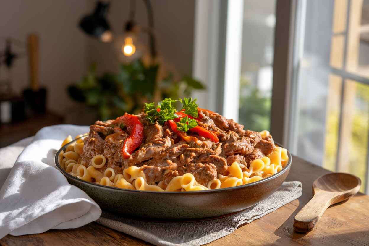 A bowl of creamy cheesesteak pasta garnished with parsley, ready to serve.