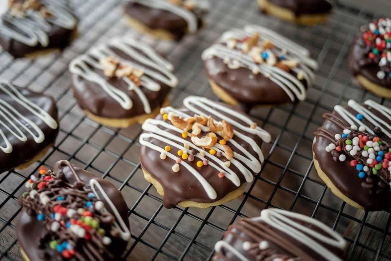 A stack of golden-brown waffle cookies on a plate, drizzled with melted chocolate