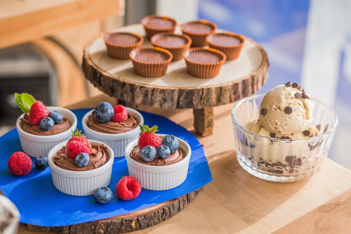 A display of high-protein desserts including mousse, peanut butter cups, and ice cream