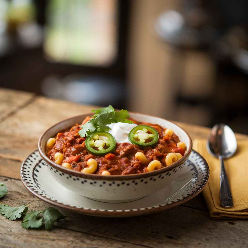 Bowl of chilli con carne with macaroni garnished with cilantro and sour cream.