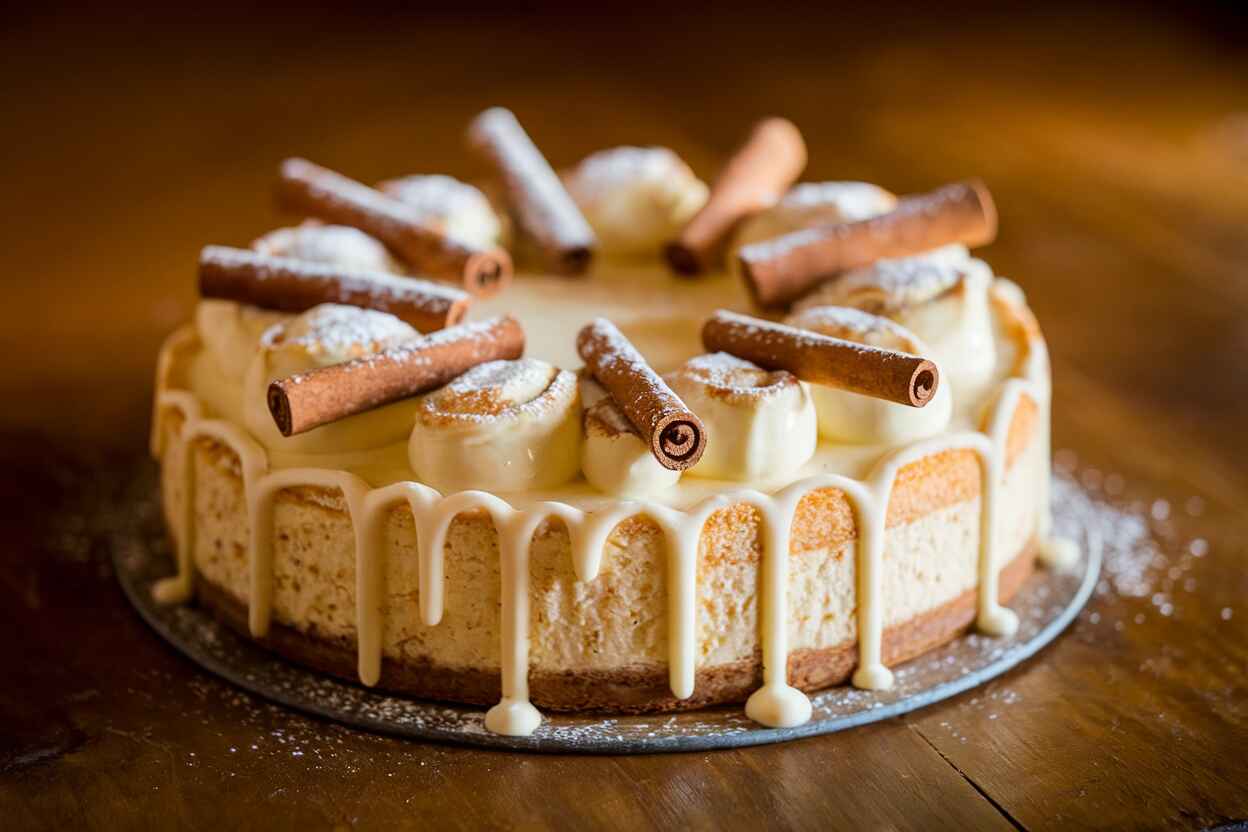 A Cinnamon Roll Cheesecake topped with cream cheese icing swirls and garnished with cinnamon sticks.