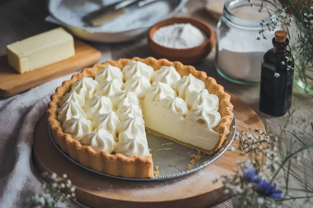 Water Pie on a wooden table with a slice removed, surrounded by ingredients.