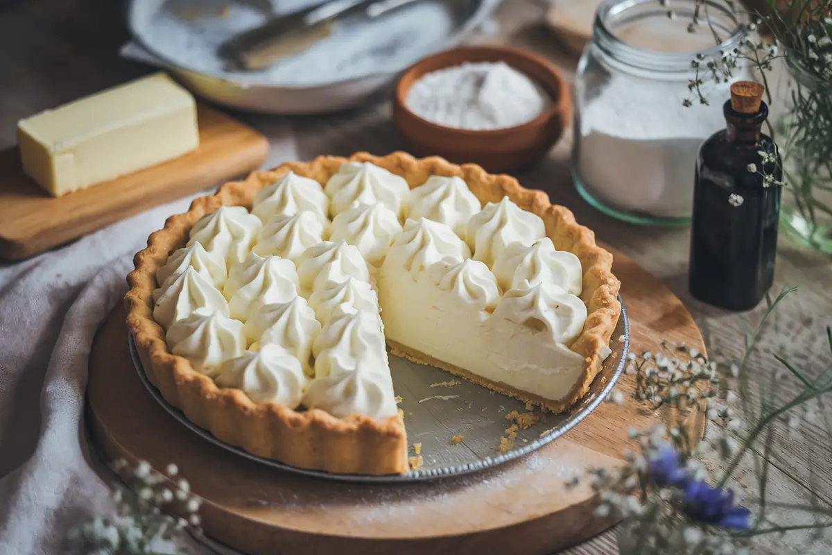 Water Pie on a wooden table with a slice removed, surrounded by ingredients.