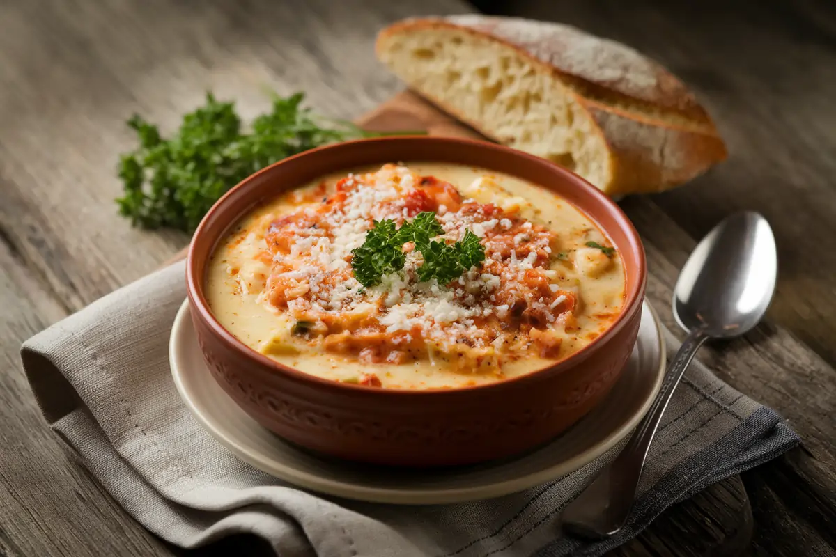 Bowl of creamy Alfredo lasagna soup garnished with parsley and Parmesan