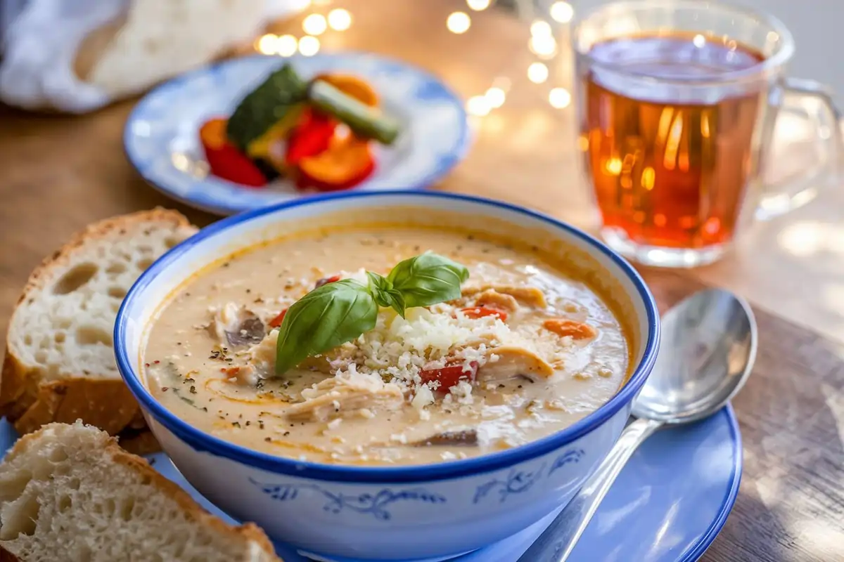 A bowl of Marry Me Chicken Soup garnished with basil and Parmesan