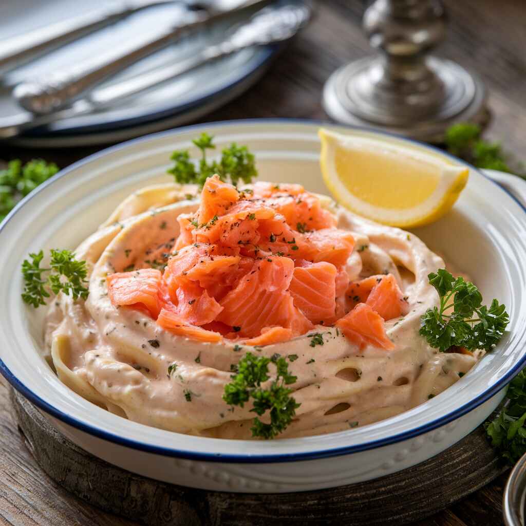 Plate of salmon Alfredo garnished with parsley and lemon.