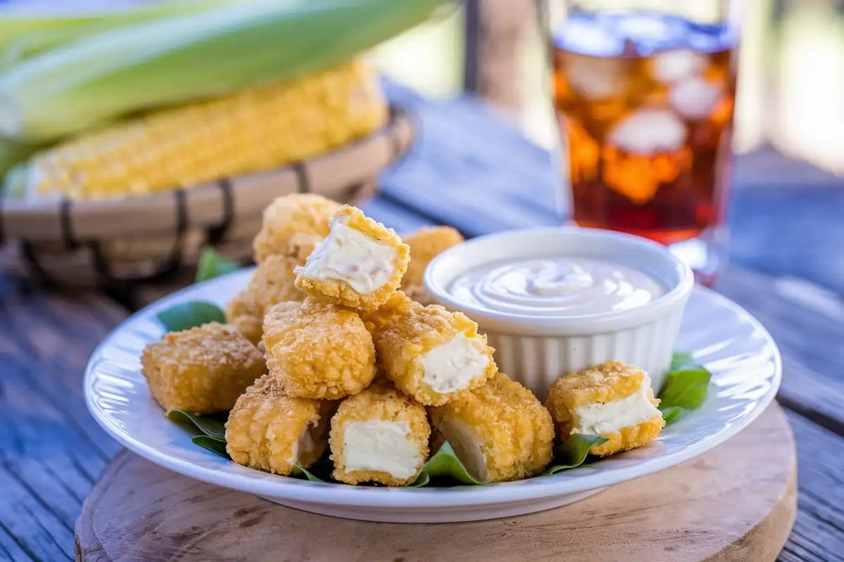 A plate of golden corn nuggets with ranch dressing on the side.