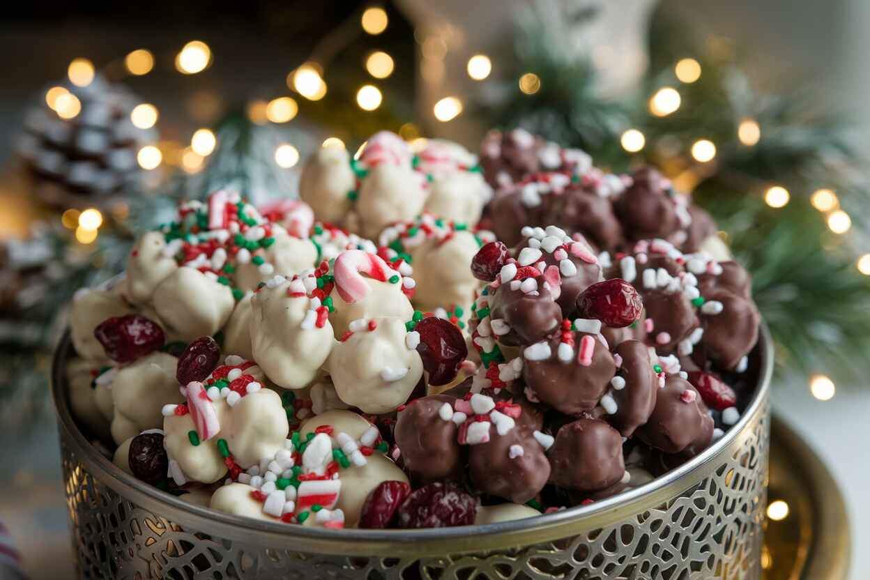 A selection of peanut clusters with toppings like candy canes, sprinkles, and cranberries.