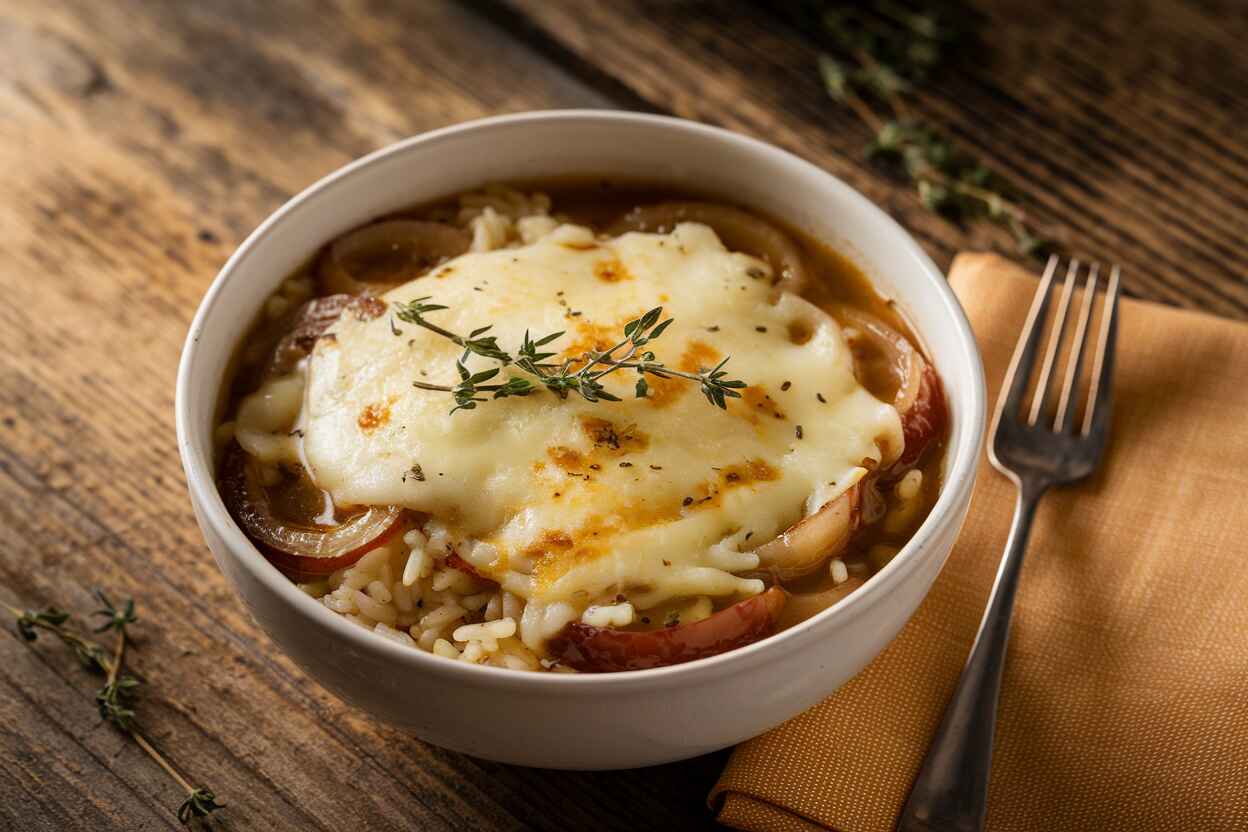 Bowl of French Onion Soup Rice with caramelized onions and cheese