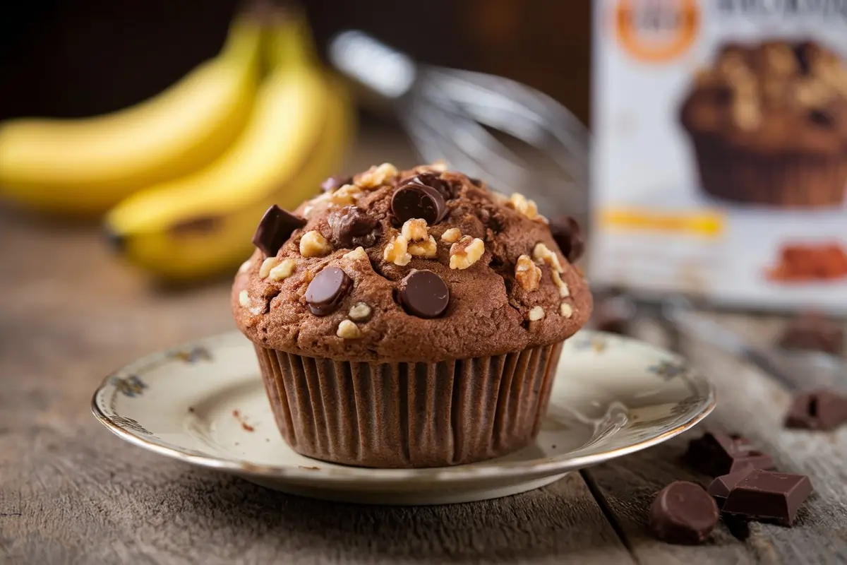 Close-up of a brownie banana muffin topped with chocolate chunks and walnuts