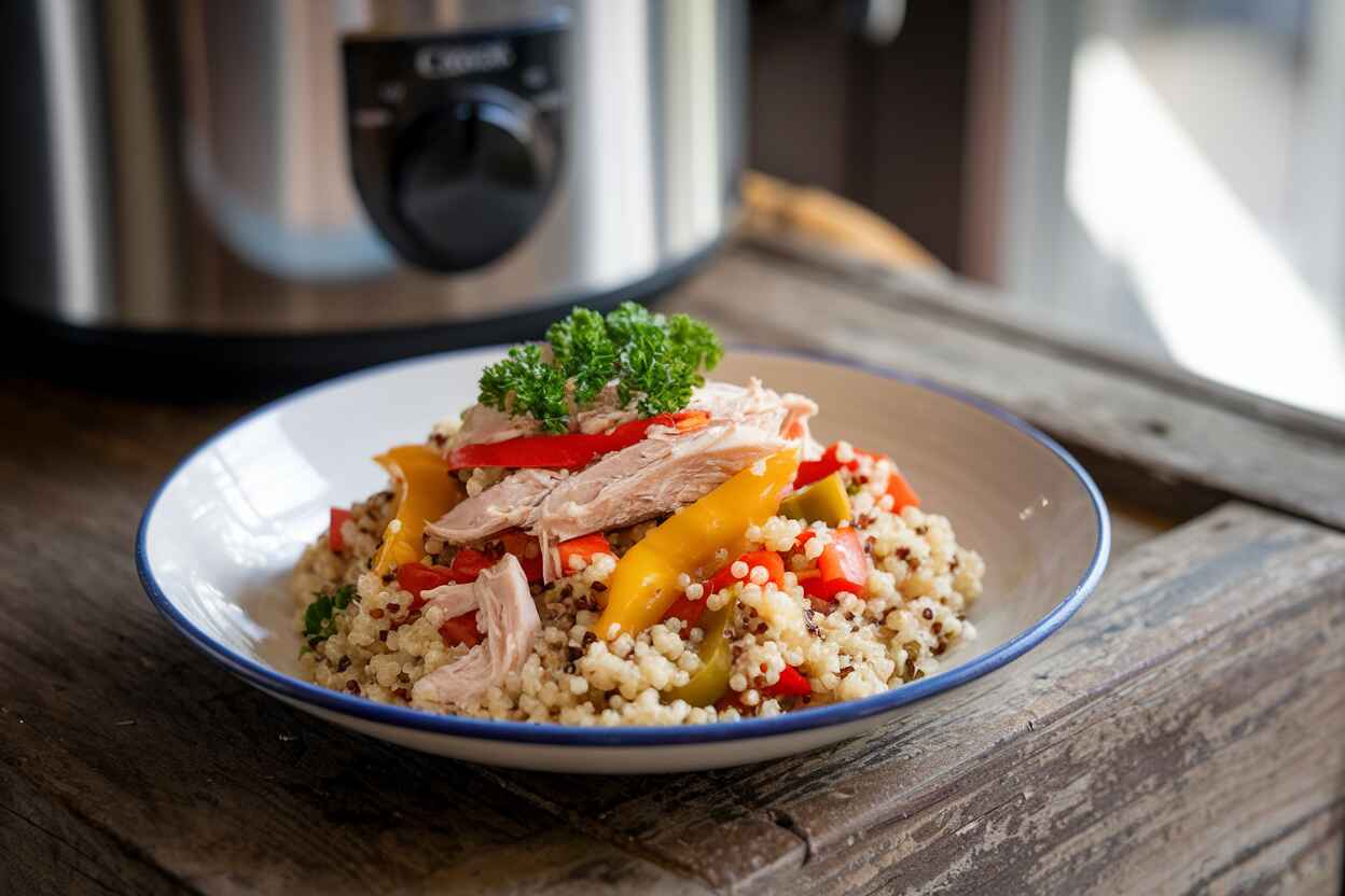 Plated high protein crock pot chicken and quinoa with bell peppers