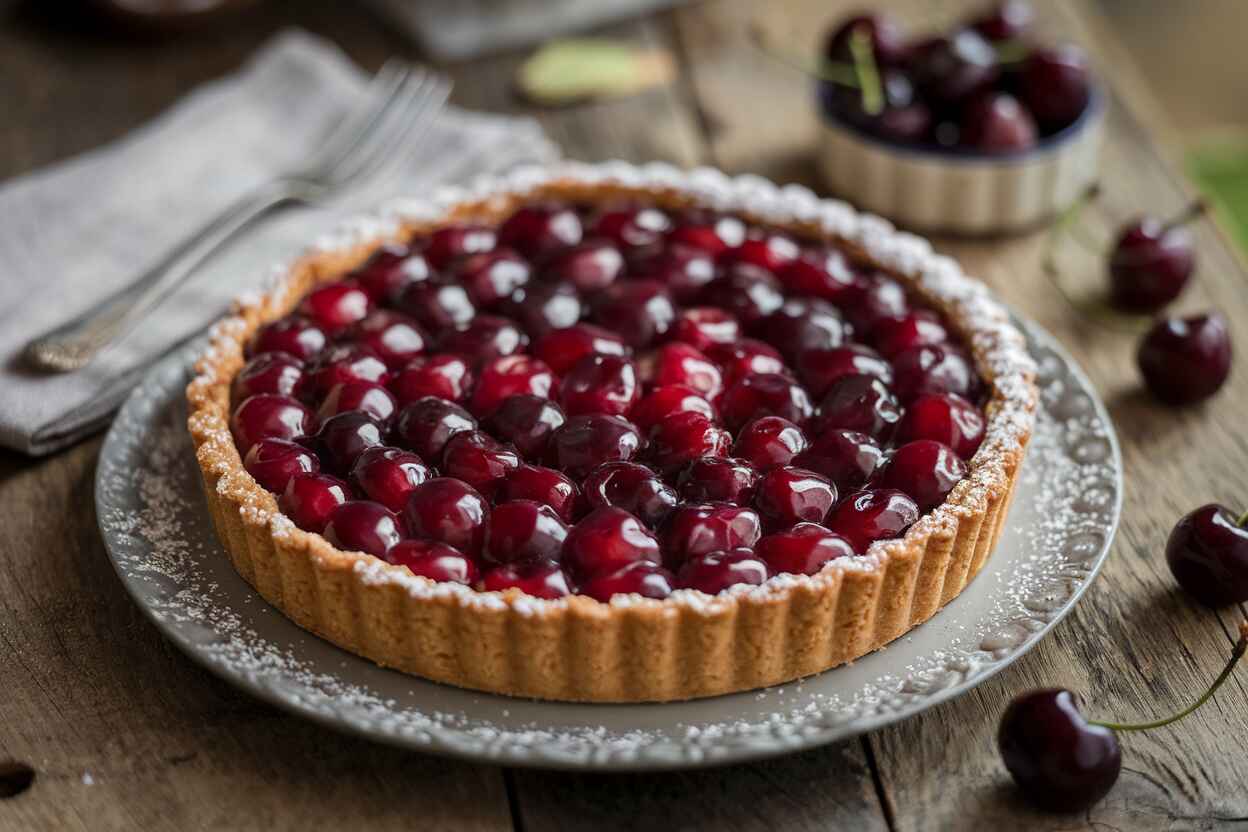 A beautifully baked cherry tart with a golden crust and juicy cherry filling, dusted with powdered sugar, placed on a rustic wooden tableA beautifully baked cherry tart with a golden crust and juicy cherry filling, dusted with powdered sugar, placed on a rustic wooden table