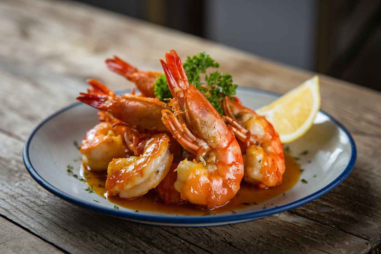 A plate of crispy boom boom shrimp with parsley and lemon garnish