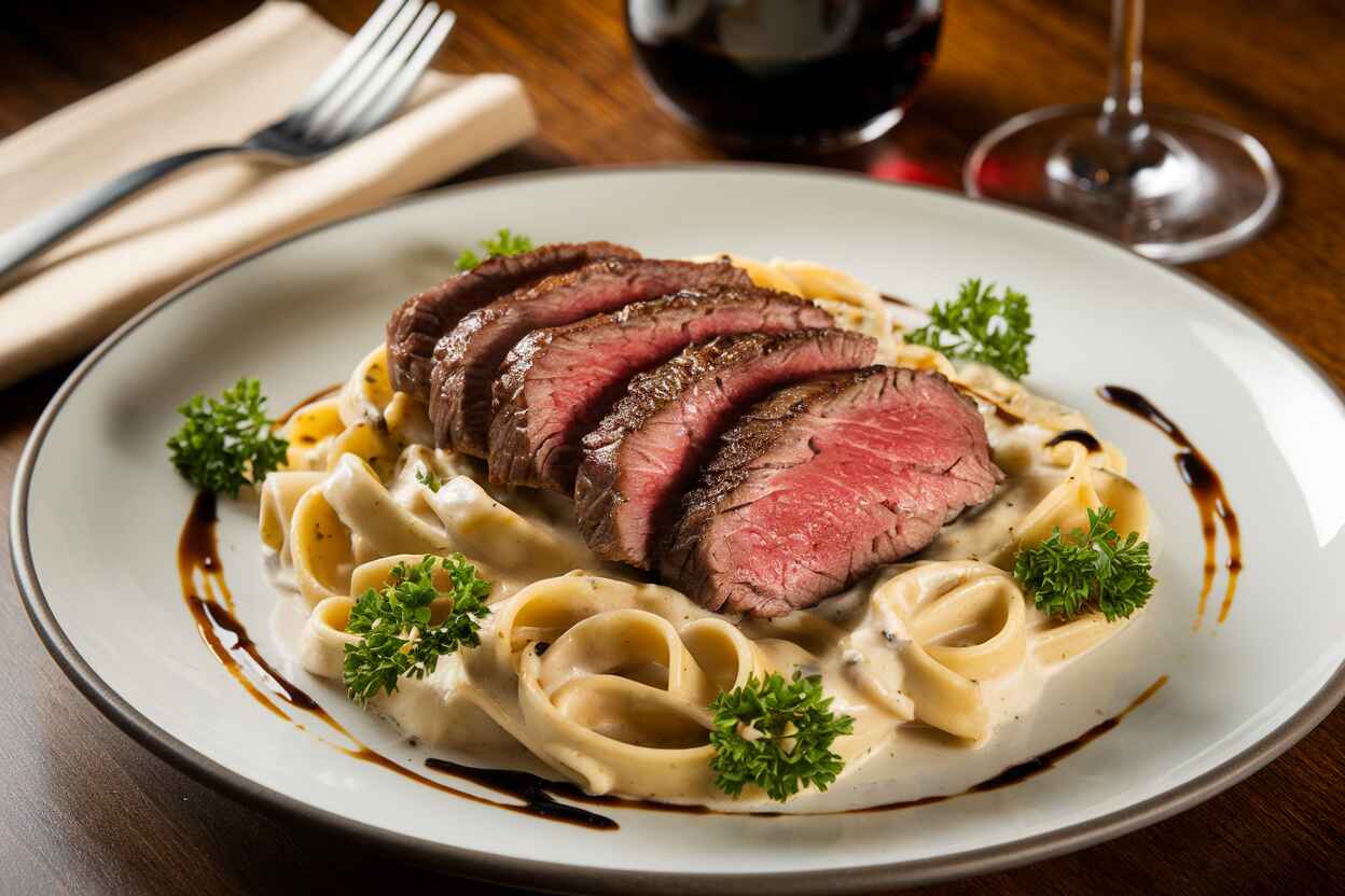 Plated Steak Gorgonzola Alfredo with steak slices and Alfredo sauce