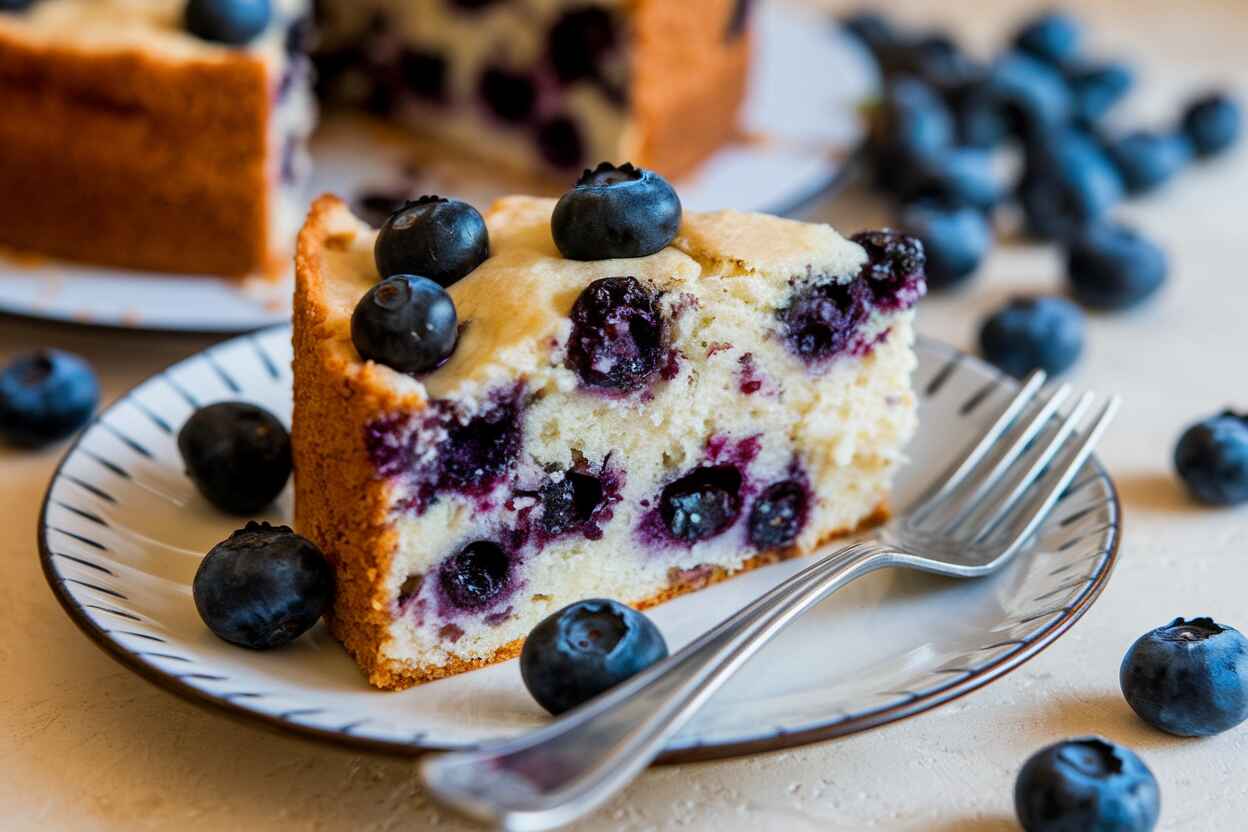 A slice of blueberry sour cream coffee cake on a white plate with a fork