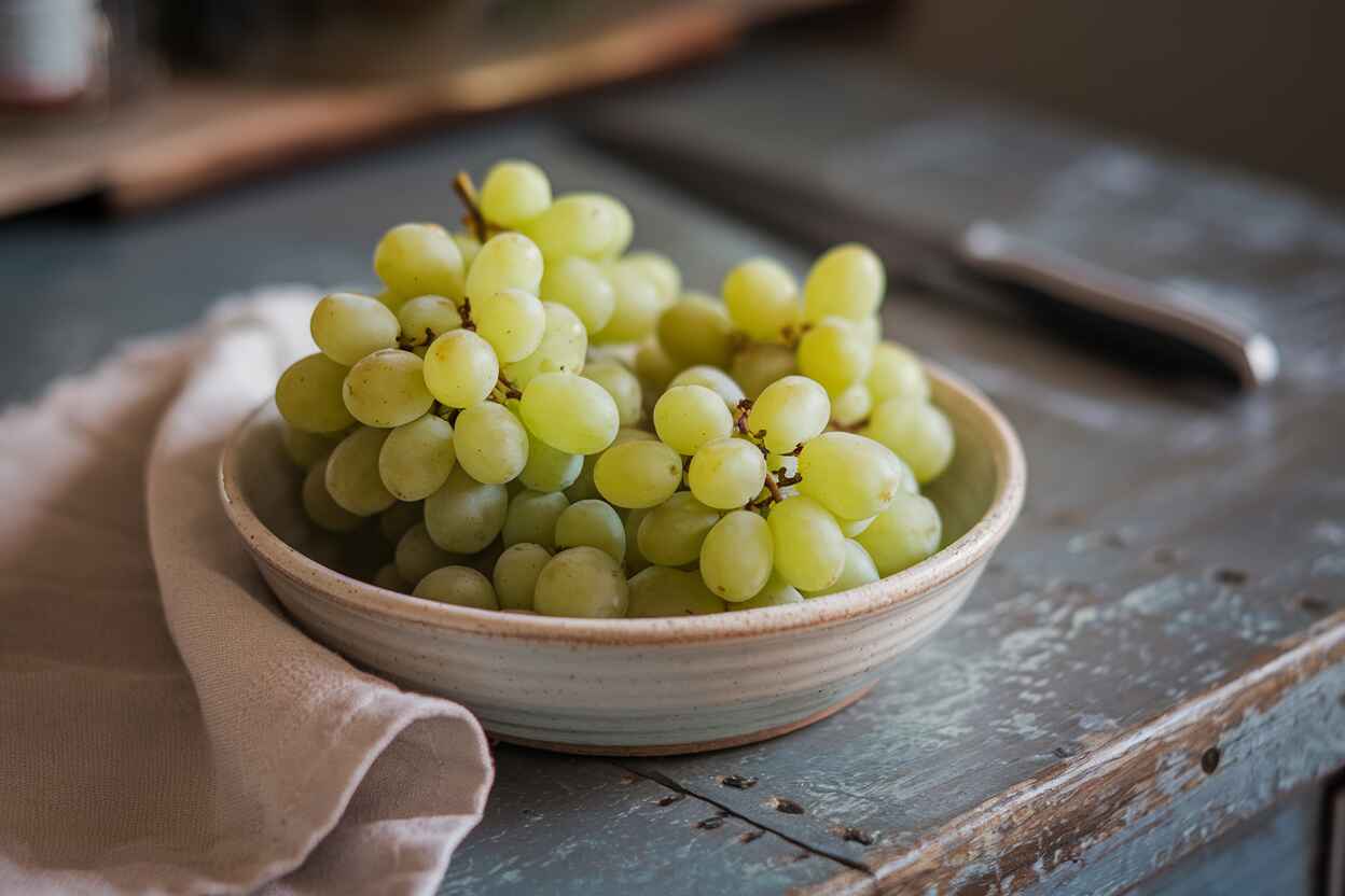 A bowl of fresh cotton candy grapes on a wooden table