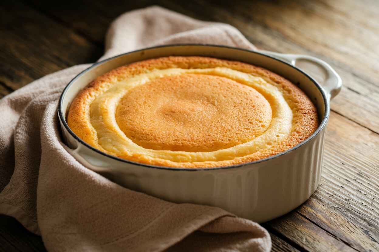 Golden lemon cream cheese dump cake in a baking dish