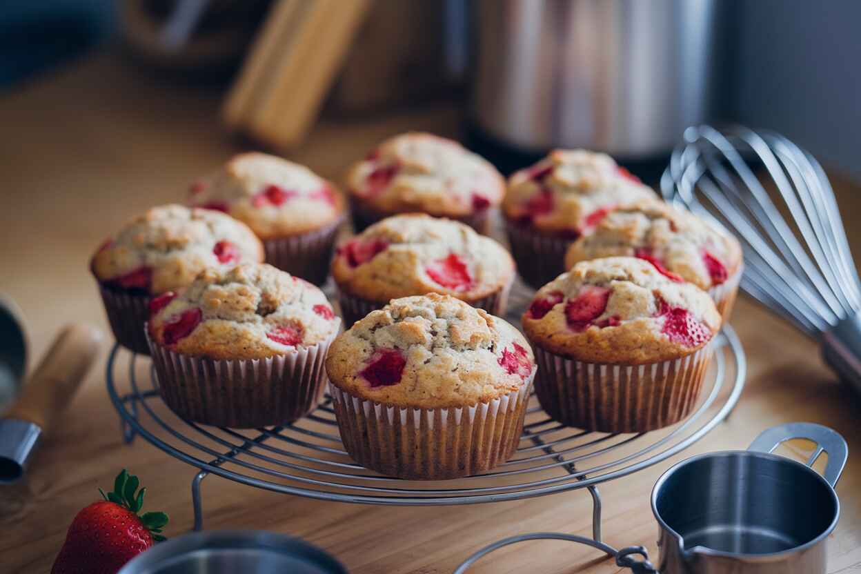 Strawberry banana muffins on a cooling rack