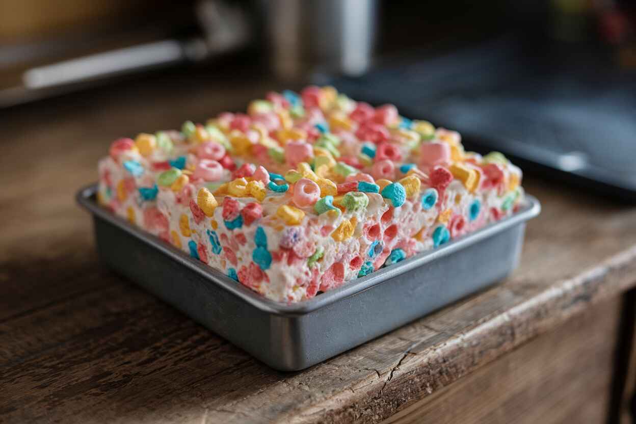 Fruity Pebble Rice Crispy Treats in a square baking dish