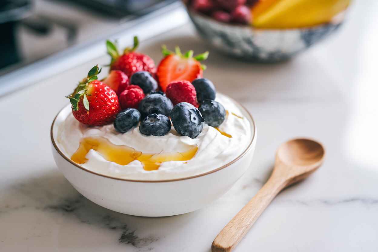 Greek yogurt topped with fresh berries and honey drizzle