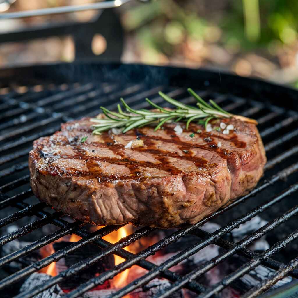 A marinated steak sizzling on a hot grill with grill marks.