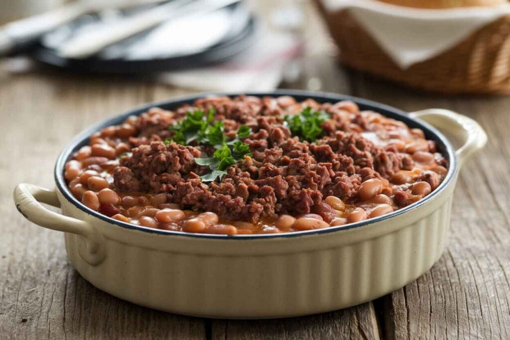 A casserole dish of baked beans with ground beef, garnished with parsley