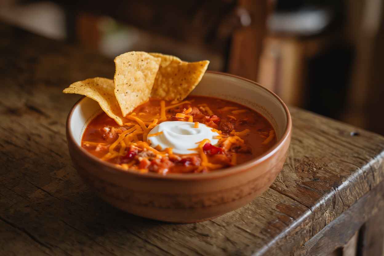 A delicious bowl of taco soup topped with Frios chips and cheese