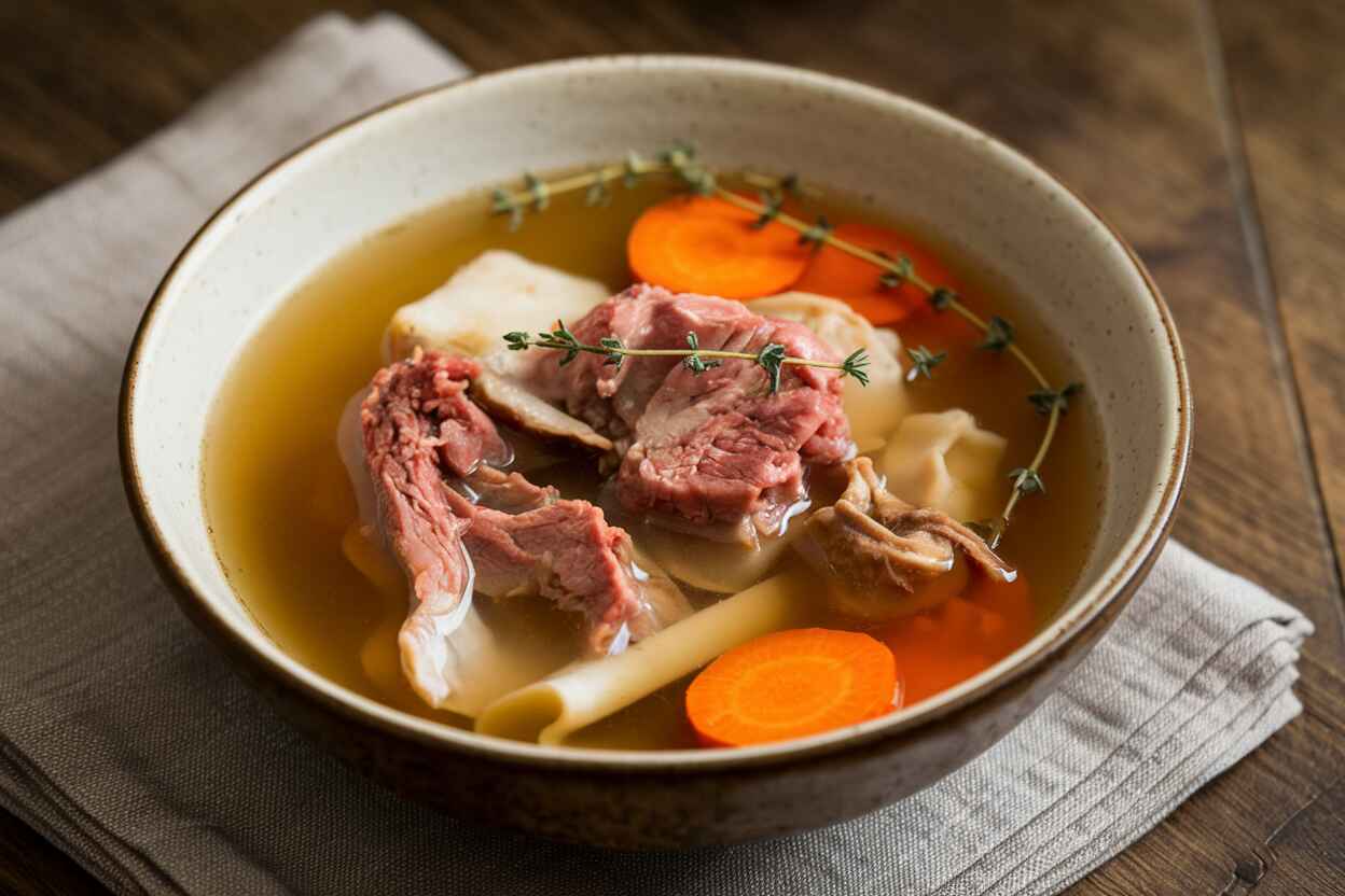 A steaming bowl of homemade bone broth with beef soup bones, carrots, and herbs.