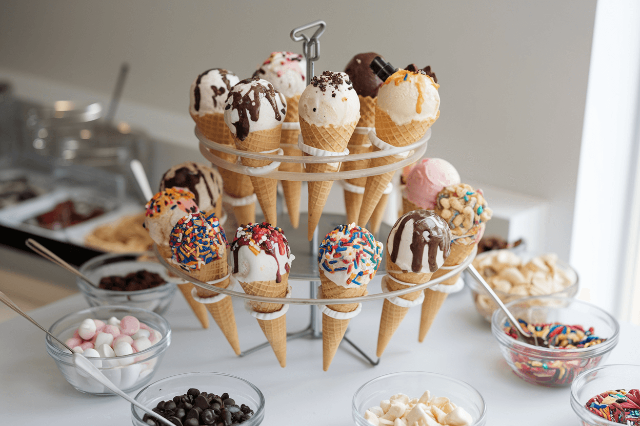 A close-up of homemade ice cream cones filled with colorful scoops and topped with sprinkles and chocolate drizzle.