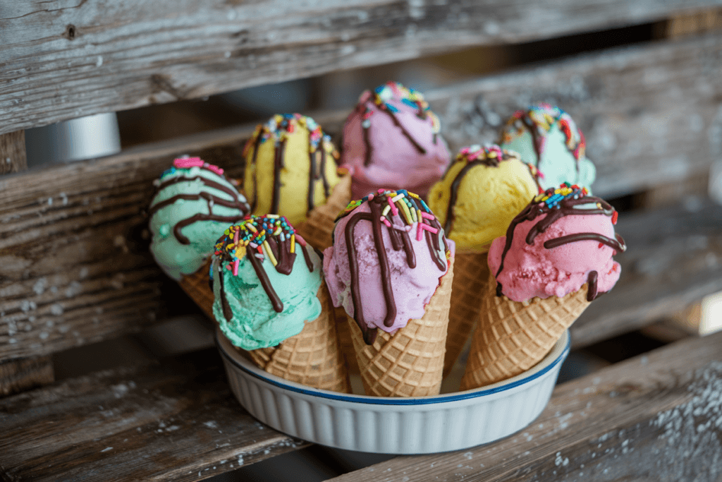 A dessert stand filled with various ice cream cones and toppings for guests to enjoy