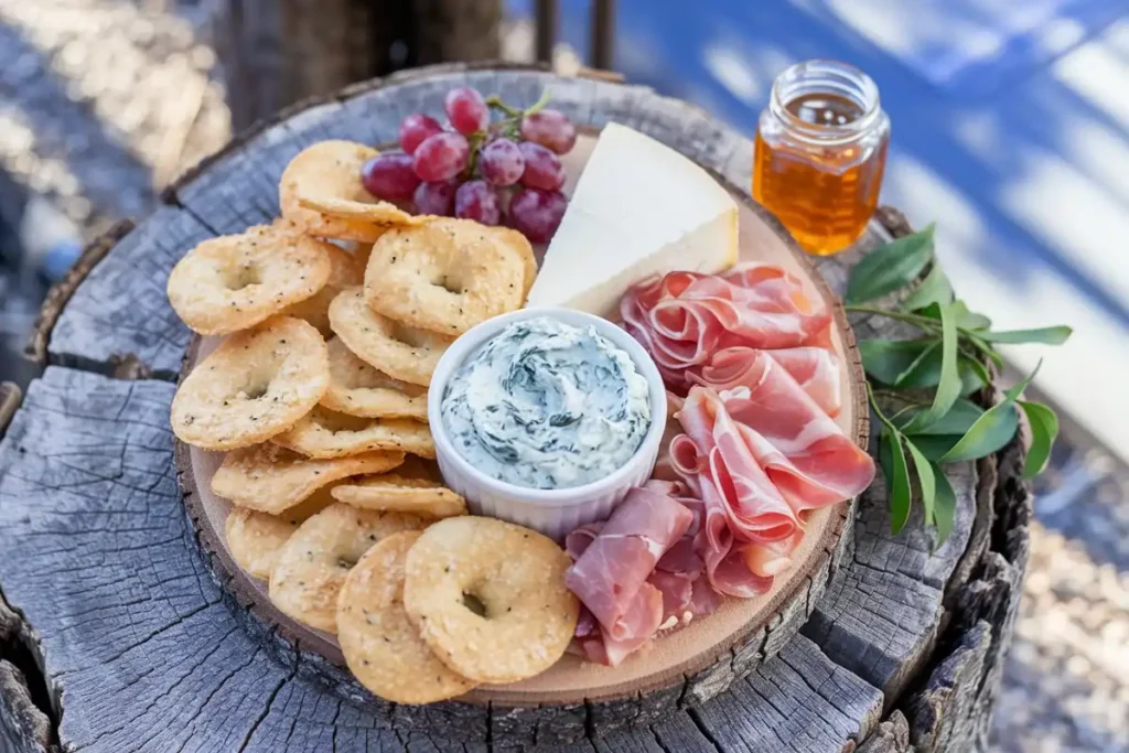 A serving board with bagel chips, spinach dip, cheese, grapes, and charcuterie.