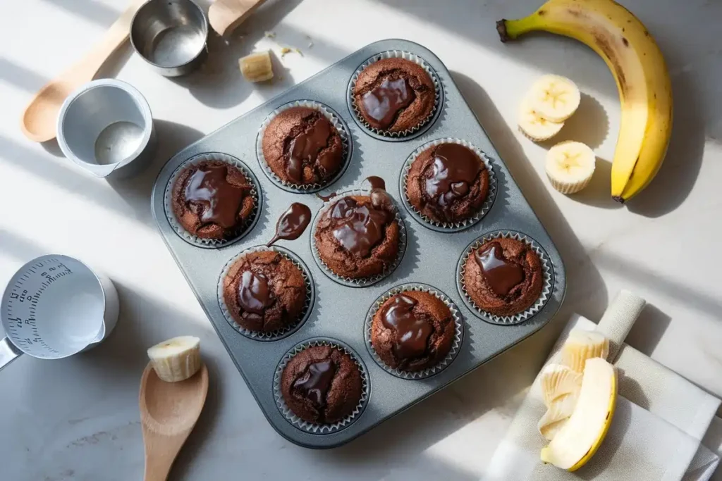 Overhead view of a muffin tin filled with brownie banana muffins