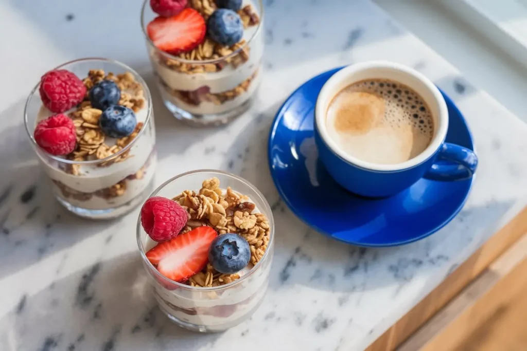 High-protein mousse layered with granola and fresh berries, paired with coffee.