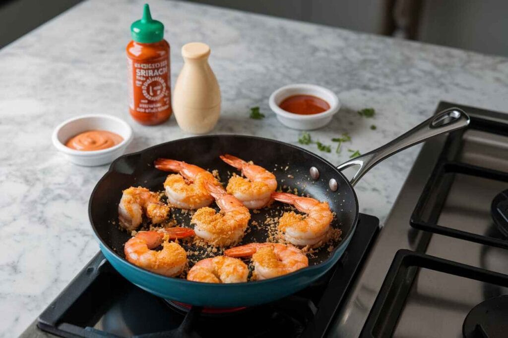 Shrimp frying in a skillet with ingredients for boom boom sauce nearby.