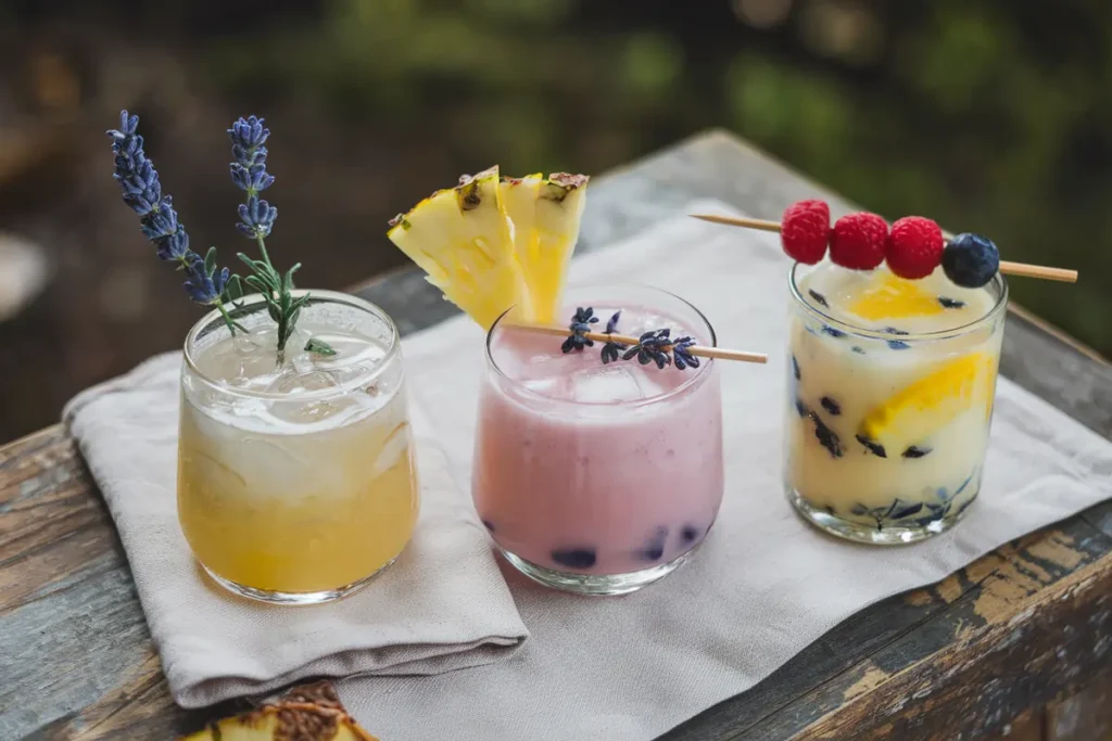 Overhead view of three Sleepy Girl Mocktail variations with unique garnishes
