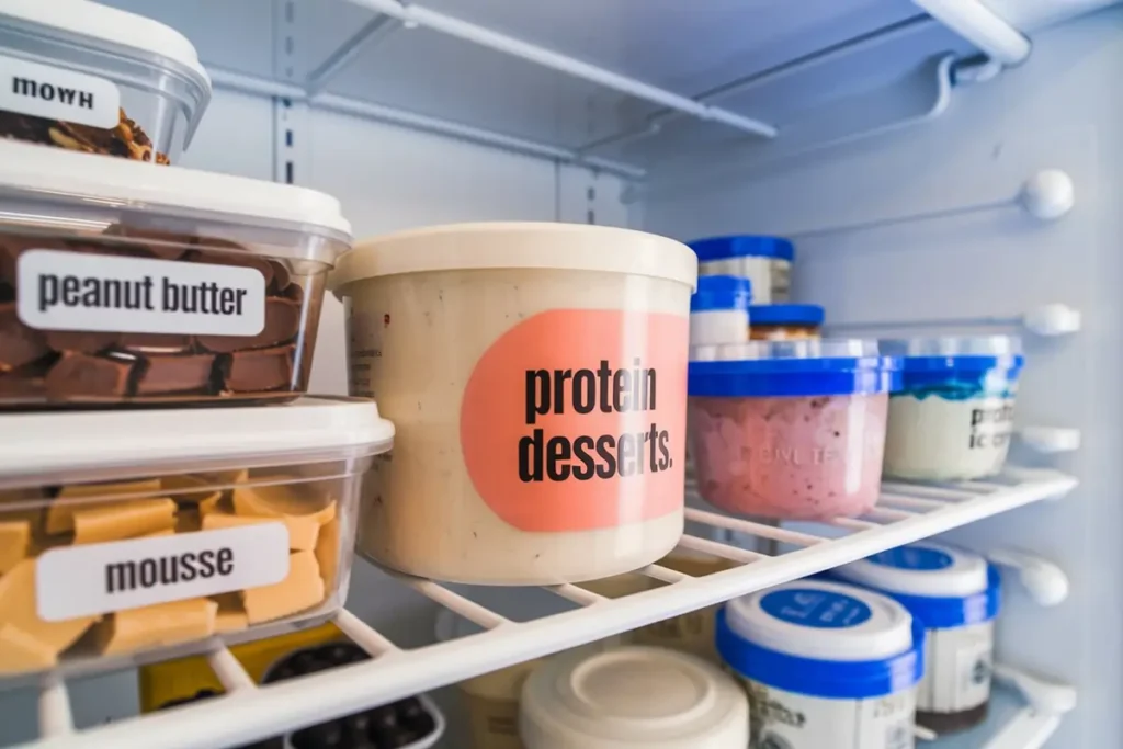 Airtight containers of high-protein desserts stored neatly in a refrigerator.