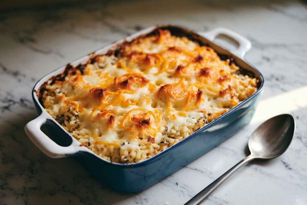 Casserole dish with Cheesy Baked French Onion Rice.