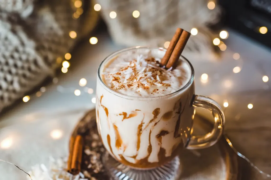 Creamy Sleepy Girl Mocktail with coconut and cinnamon garnish