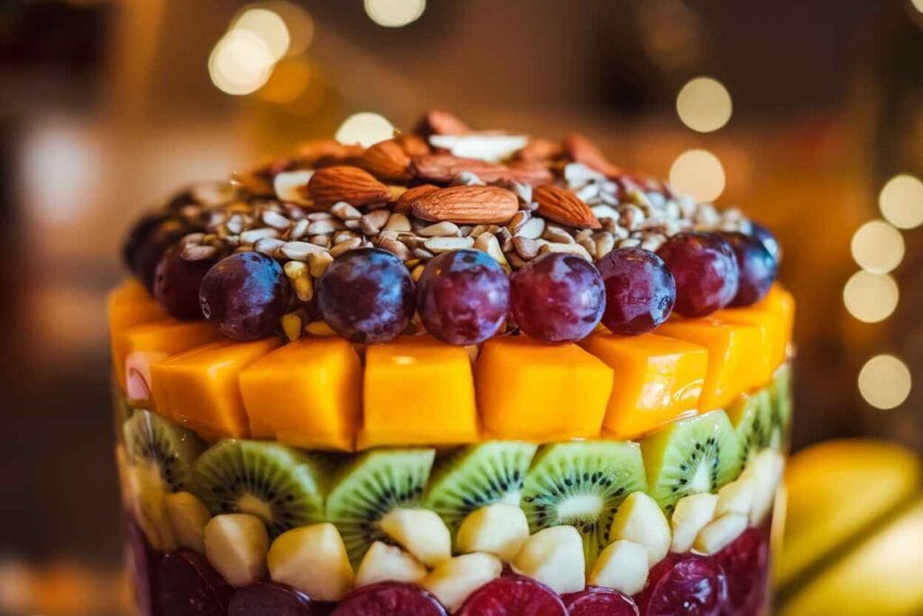 Fruit cups topped with chopped nuts and sunflower seeds for added crunch
