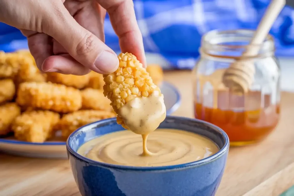 A hand dipping a corn nugget into honey mustard sauce.
