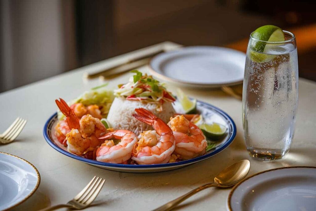 Boom boom shrimp served with coleslaw and jasmine rice