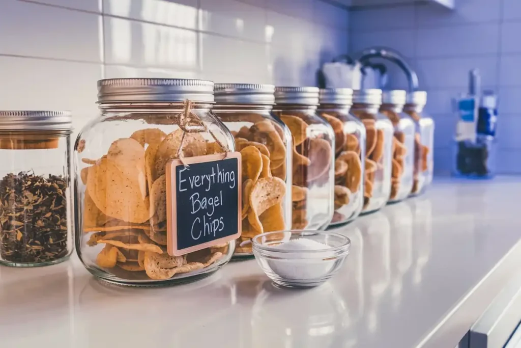 Airtight jars filled with homemade bagel chips on a countertop.