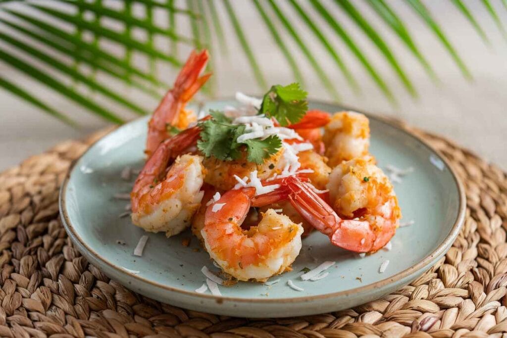 Crispy coconut boom boom shrimp garnished with cilantro
