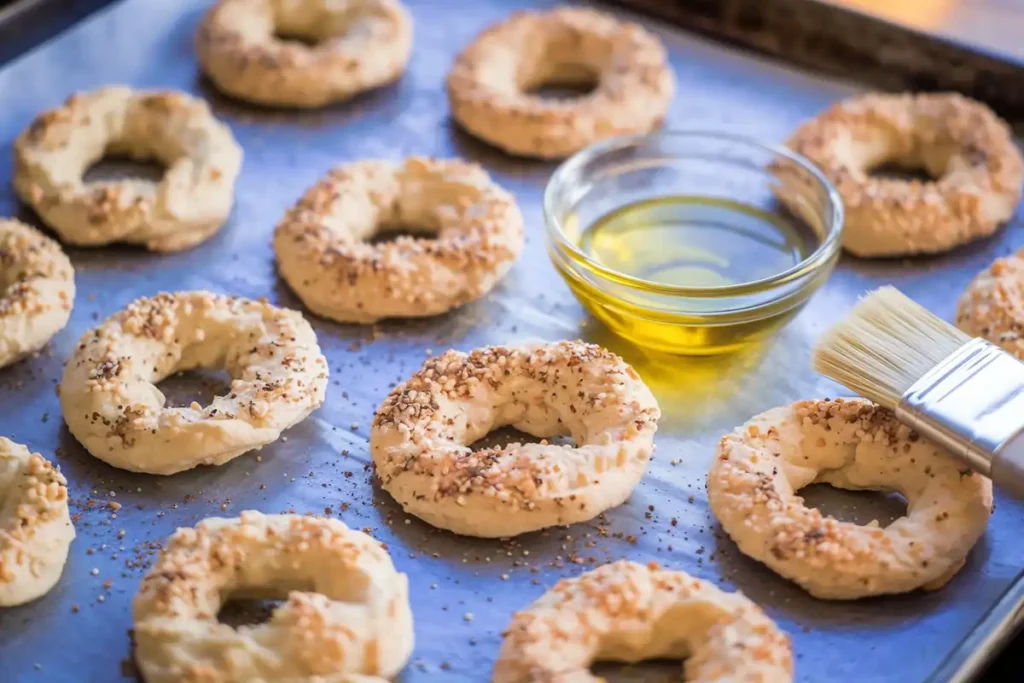 A baking sheet with freshly baked everything bagel chips.