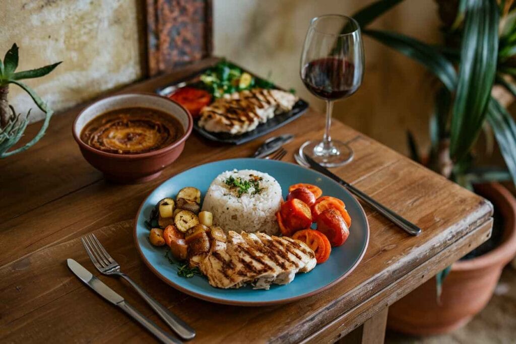 French Onion Soup Rice served with chicken and vegetables.
