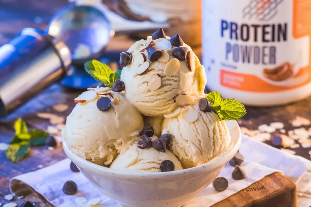 A bowl of high-protein banana ice cream topped with chocolate chips and almonds.