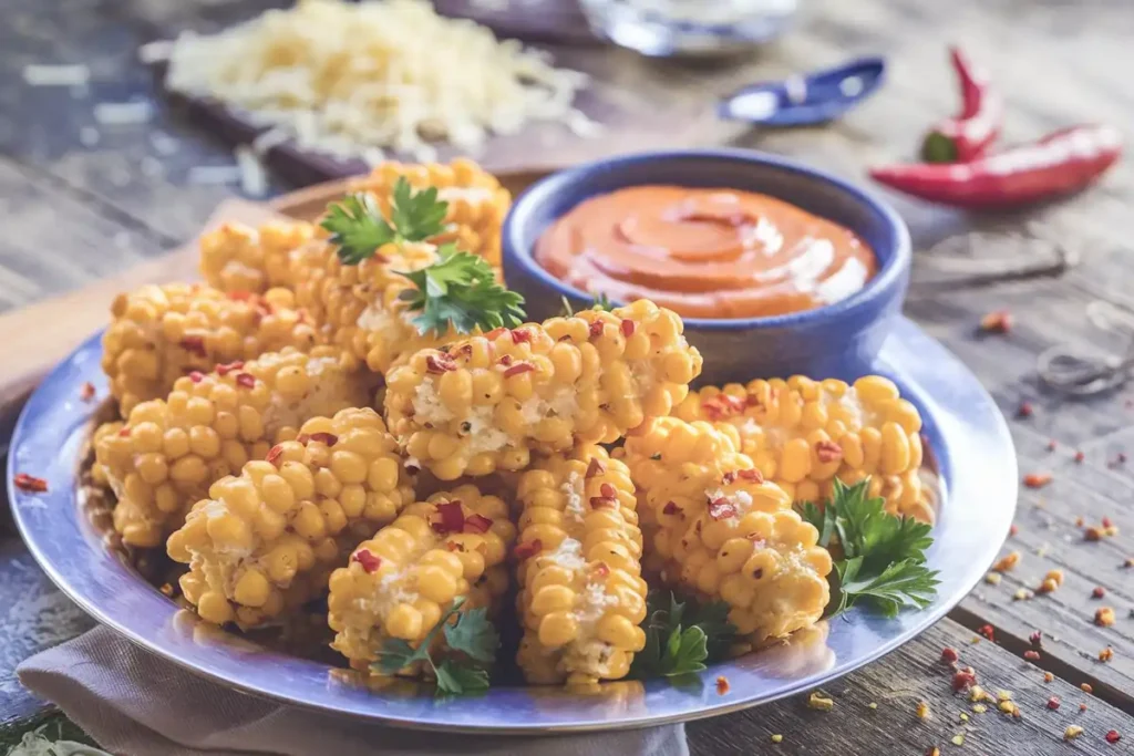 A platter of spicy cheese corn nuggets served with sriracha mayo.