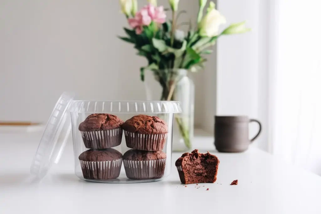 Brownie banana muffins stored in an airtight container.